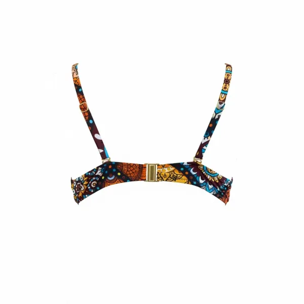 Modern Ocean Γυναικείο Set bikini με σχέδια σε αποχρώσεις του πορτοκαλί,λευκού,κίτρινου και καφέ με τιράντες δετό  για μεγάλο στήθος  & ψηλόμεσο σλιπ 5144 brown