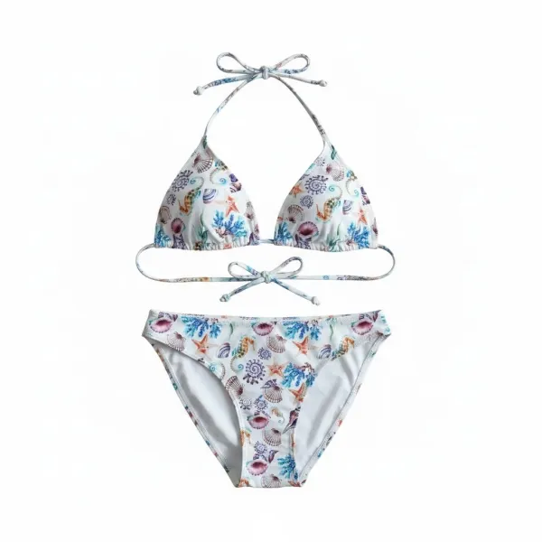 Modern Ocean Γυναικείο Set Bikini triangle με αποσπώμενη ενίσχυση και κανονικό σλιπ bottom σε λευκό χρώμα με σχέδια κοχύλια,αστερίες και κοράλια 1632 white