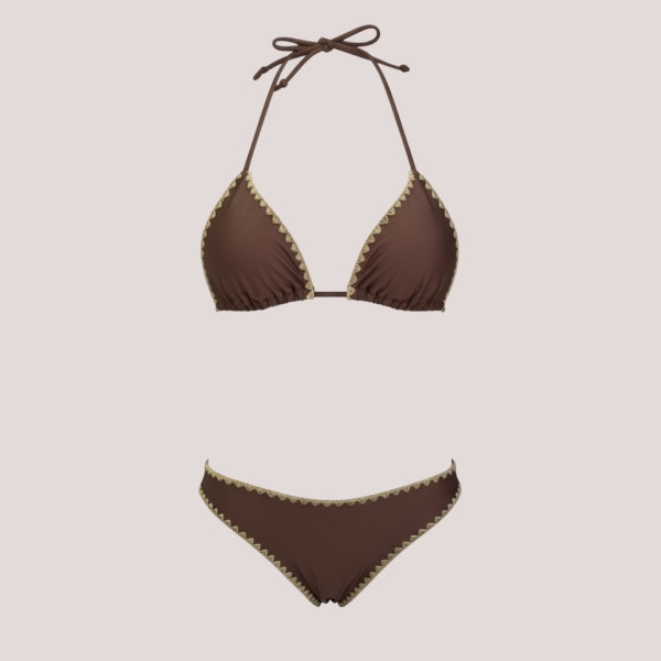 MYA swimwear Γυναικείο bikini set μαγιό μεταλλιζέ τριγωνάκι & brazil v με πλεκτό τελείωμα Σκούρο καφέ MB2205