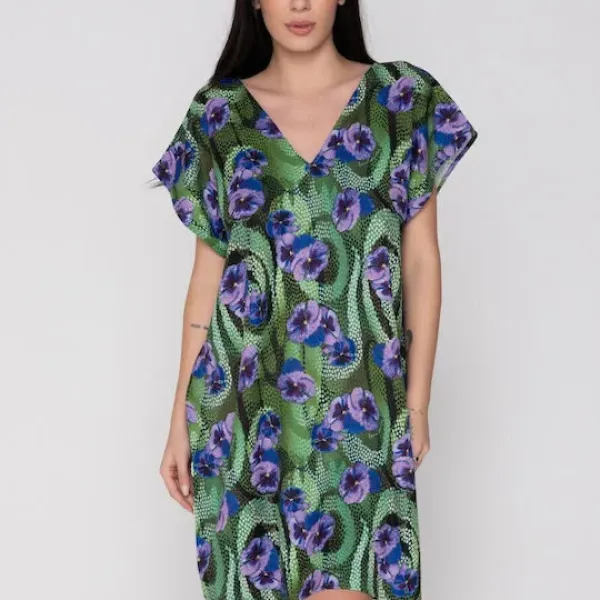 Luna Γυναικείο καφτάνι Blossom Tropical print μωβ & πράσινους τόνους με λάμψη Summer Collection 94729