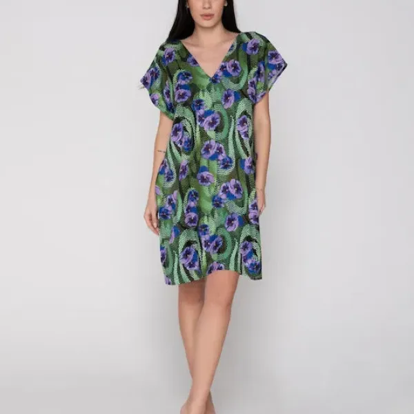 Luna Γυναικείο καφτάνι Blossom Tropical print μωβ & πράσινους τόνους με λάμψη Summer Collection 94729