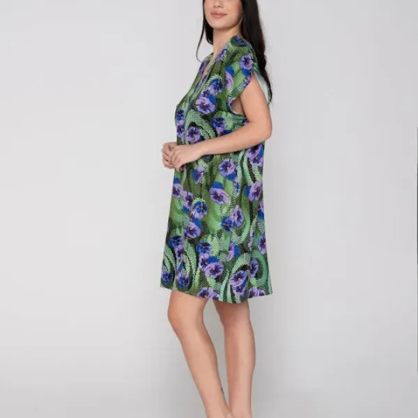 Luna Γυναικείο καφτάνι Blossom Tropical print μωβ & πράσινους τόνους με λάμψη Summer Collection 94729