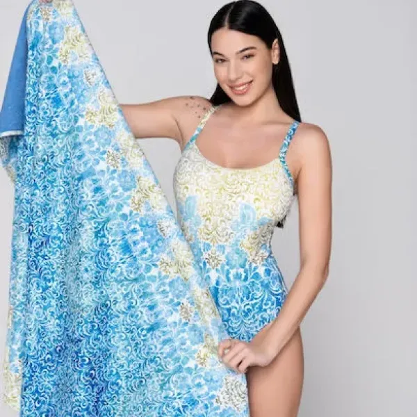 Luna Γυναικεία Serenity πετσέτα θαλάσσης oversized  Summer Collection 94753 Λευκό με γαλάζια χρυσά & λαδί φλοράλ prints