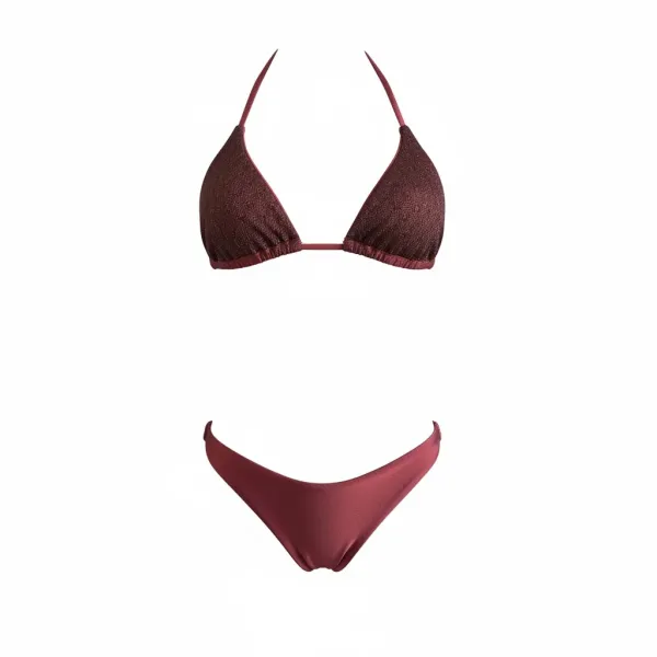 MYA swimwear Γυναικείο set bikini μαγιό μπορντώ με μεταλλικές πλεκτές λεπτομέρειες τριγωνάκι & ψηλόμεσο v brazil MB3225 summer collection Bordeaux