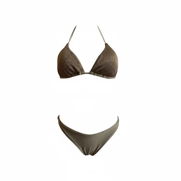 MYA swimwear Γυναικείο set bikini μαγιό καφέ με μεταλλικές πλεκτές λεπτομέρειες τριγωνάκι & ψηλόμεσο v brazil MB3225 summer collection Brown
