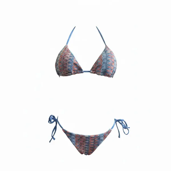 Modern Ocean Γυναικείο Set Bikini πλεκτό Τριγωνάκι με χοντρά κορδόνια ροζ χρώμα με μπλε και λευκες αποχρώσεις & δετό σλιπ braziL C-6333.PINK