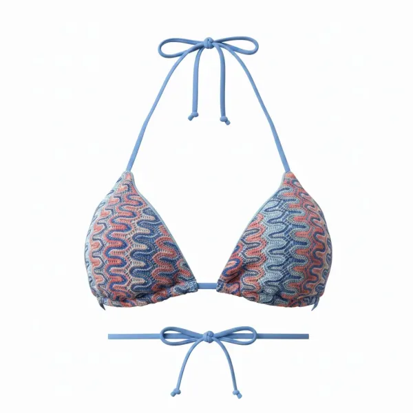Modern Ocean Γυναικείο Set Bikini πλεκτό Τριγωνάκι με χοντρά κορδόνια ροζ χρώμα με μπλε και λευκες αποχρώσεις & δετό σλιπ braziL C-6333.PINK