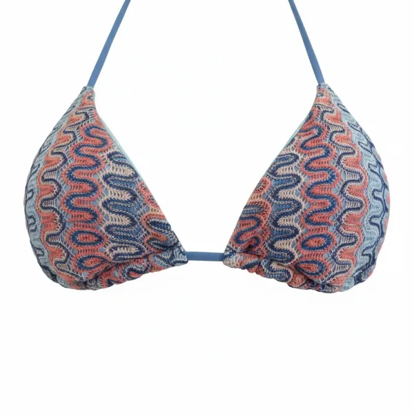Modern Ocean Γυναικείο Set Bikini πλεκτό Τριγωνάκι με χοντρά κορδόνια ροζ χρώμα με μπλε και λευκες αποχρώσεις & δετό σλιπ braziL C-6333.PINK