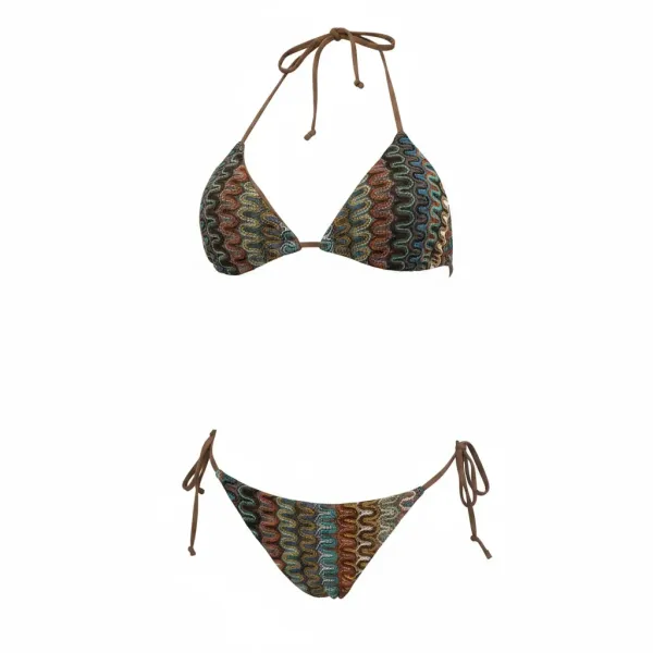 Modern Ocean Γυναικείο Set Bikini πλεκτό Τριγωνάκι με χοντρά κορδόνια καφέ χρώμα με κίτρινες και μπλέ αποχρώσεις & δετό σλιπ brazil C-6333