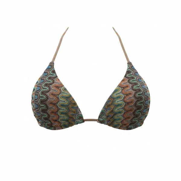 Modern Ocean Γυναικείο Set Bikini πλεκτό Τριγωνάκι με χοντρά κορδόνια καφέ χρώμα με κίτρινες και μπλέ αποχρώσεις & δετό σλιπ brazil C-6333