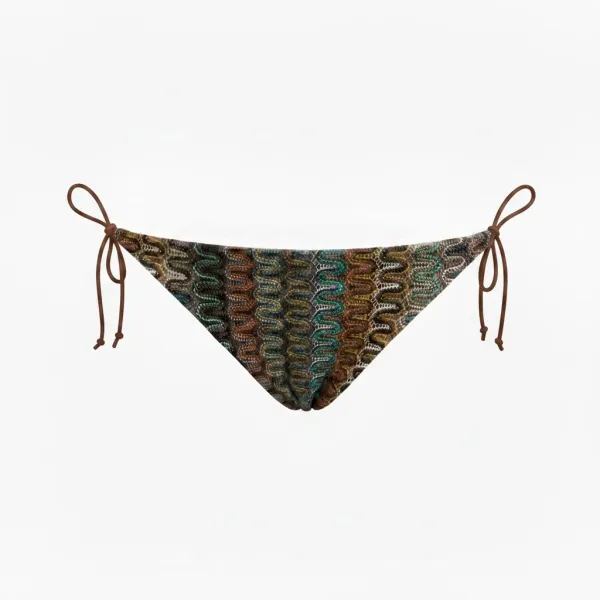 Modern Ocean Γυναικείο Set Bikini πλεκτό Τριγωνάκι με χοντρά κορδόνια καφέ χρώμα με κίτρινες και μπλέ αποχρώσεις & δετό σλιπ brazil C-6333