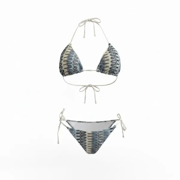 Modern Ocean Γυναικείο Set Bikini πλεκτό Τριγωνάκι με χοντρά κορδόνια λευκό χρώμα με μπλε αποχρώσεις & δετό σλιπ brazil C-6333