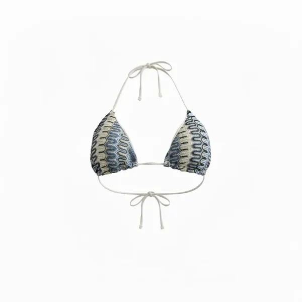 Modern Ocean Γυναικείο Set Bikini πλεκτό Τριγωνάκι με χοντρά κορδόνια λευκό χρώμα με μπλε αποχρώσεις & δετό σλιπ brazil C-6333