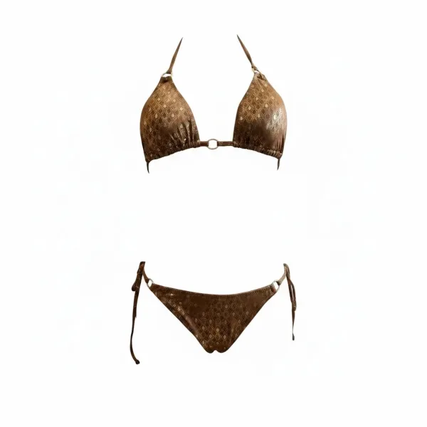 MYA swimwear Γυναικείο set bikini μαγιό καφέ μπρονζέ με μεταλλικές γυαλιστερές ανταύγειες τριγωνάκι & δετό brazil MB2201 summer collection Brown