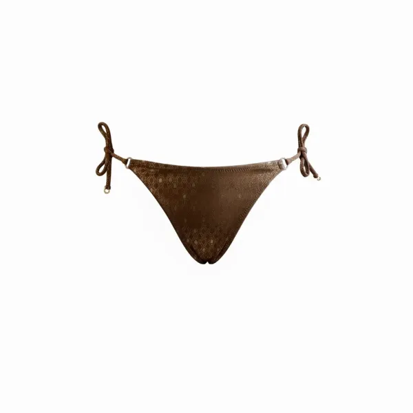 MYA swimwear Γυναικείο set bikini μαγιό καφέ μπρονζέ με μεταλλικές γυαλιστερές ανταύγειες τριγωνάκι & δετό brazil MB2201 summer collection Brown