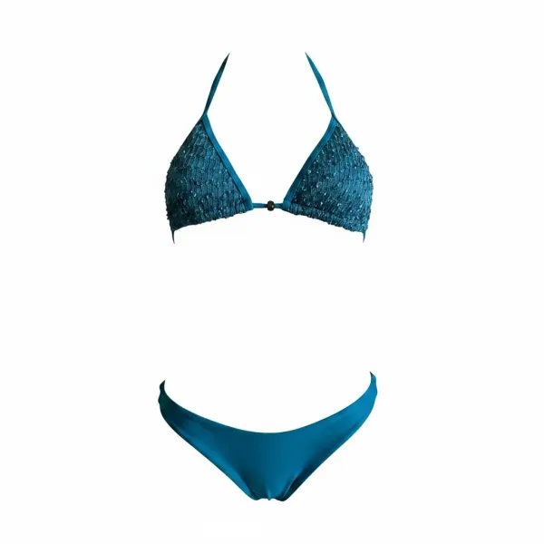 MYA  Γυναικείο Set Bikini Τριγωνάκι με ανάγλυφη textured δαντέλα στο επάνω μέρος σε πετρόλ χρώμα και δετό σλιπ brazil petrol MP5236 
