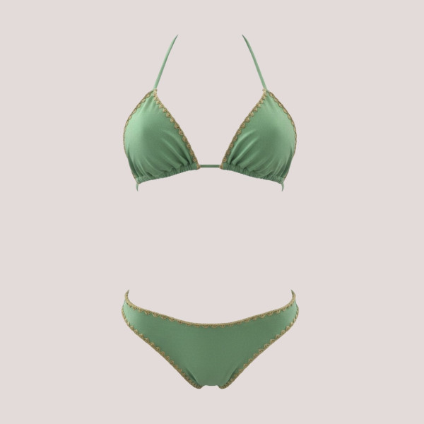 MYA swimwear Γυναικείο bikini set μαγιό μεταλλιζέ τριγωνάκι & brazil v με πλεκτό τελείωμα πράσινο ανοιχτό MB2205