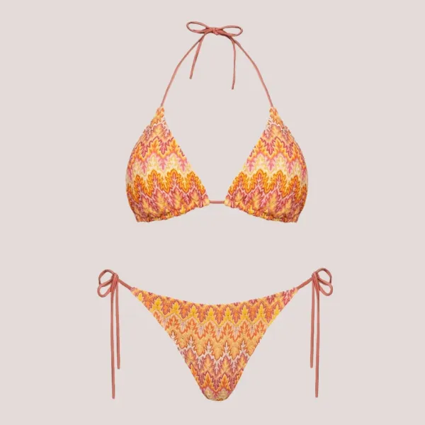Rock Club Γυναικείο set bikini τριγωνάκι με δετό σλίπ πλεκτό τύπου Missoni κίτρινο με ροζ αποχρώσεις BP5007