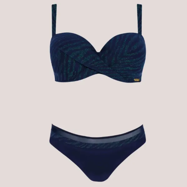 Self Γυναικείο Set bikini straples με ενίσχυση μπλέ σκούρο με lurex πράσινο & ψηλόμεσο σλιπ ιδανικό για μεγάλο στήθος Luxury Swimwear S730V3CV7 Costa Brava Navy Blue