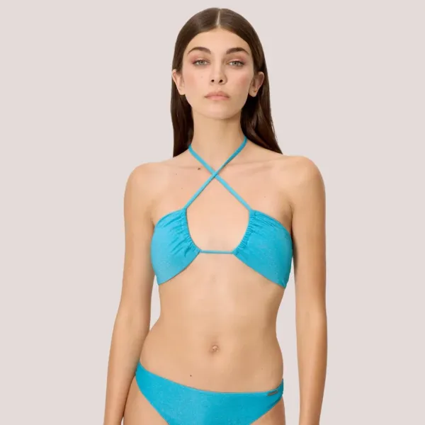 Ysabel Mora Γυναικείο Μαγιό Top strapless bandeau με κούμπωμα & υπέροχα δεσίματα τυρκουάζ sky blue glitter 83198