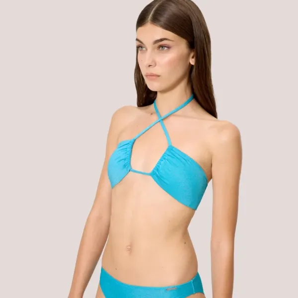 Ysabel Mora Γυναικείο Μαγιό Top strapless bandeau με κούμπωμα & υπέροχα δεσίματα τυρκουάζ sky blue glitter 83198