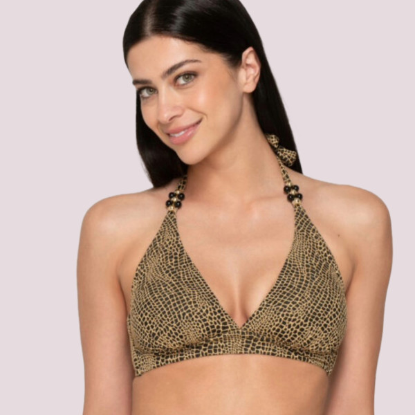 Luna Γυναικείο Μαγιό Dama Top τριγωνάκι δετό και πίσω ιδανικό για μεγάλο στήθος Μαύρο με χρύσό summer collection 94432
