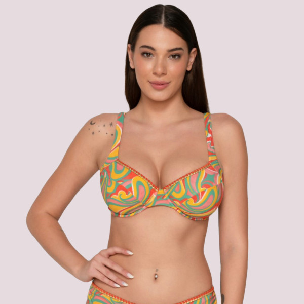 Luna Γυναικείο Μαγιό Drop Top χωρίς ενίσχυση με ρυθμιζόμενες τιράντες Κοραλί με Χρυσό κέντημα summer collection 94613