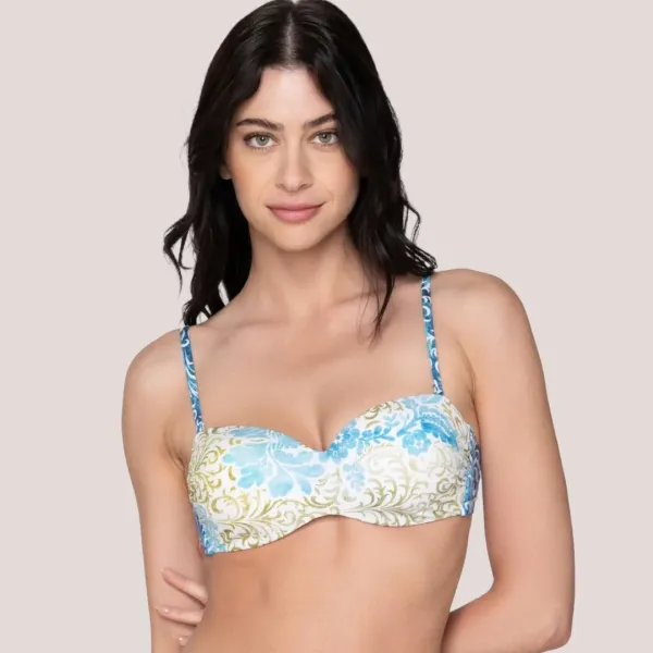 Luna Γυναικείο  Serenity μπικίνι strapless με ενίσχυση & τιράντες C/D για μεγάλο στήθος Summer Collection 94740 Λευκό με γαλάζια χρυσά & λαδί φλοράλ prints