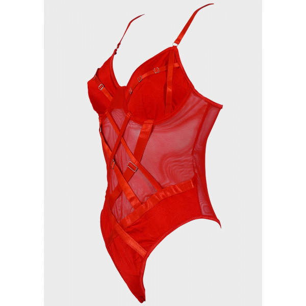 Γυναικείο Sexy Διάφανο Κόκκινο Κορμάκι Body String με Μπανέλα και Λουράκια Ρυθμιζόμενο H4945