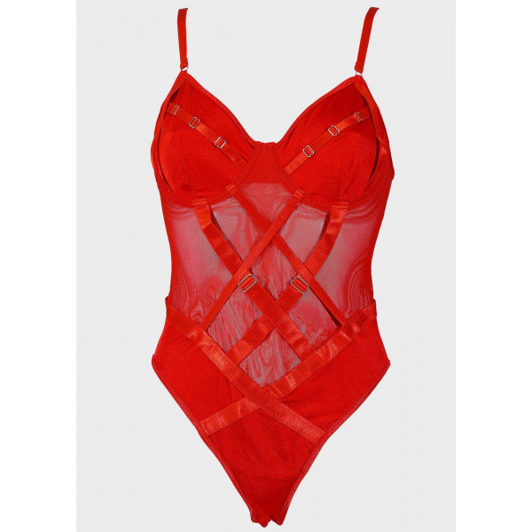 Γυναικείο Sexy Διάφανο Κόκκινο Κορμάκι Body String με Μπανέλα και Λουράκια Ρυθμιζόμενο H4945