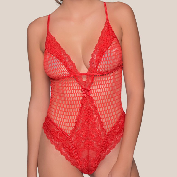 Milena by Paris Γυναικείο Body String Sexy διάφανο δικτυωτό Κορμάκι κόκκινο 002477 Red