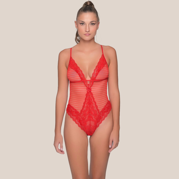 Milena by Paris Γυναικείο Body String Sexy διάφανο δικτυωτό Κορμάκι κόκκινο 002477 Red