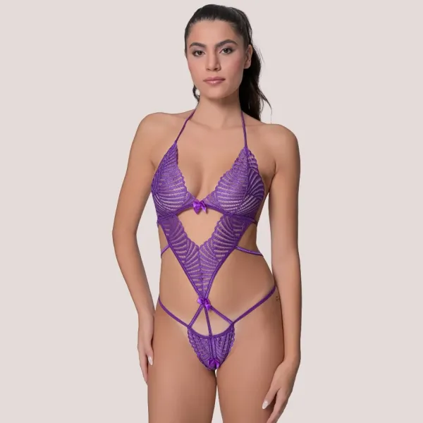 Milena by Paris Γυναικείο Sexy Κορμάκι Μωβ Purple Ανοιχτό Κάτω με Δαντέλα 002492