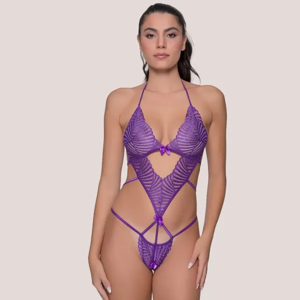Milena by Paris Γυναικείο Sexy Κορμάκι Μωβ Purple Ανοιχτό Κάτω με Δαντέλα 002492