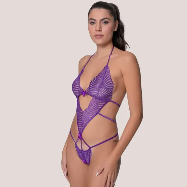 Milena by Paris Γυναικείο Sexy Κορμάκι Μωβ Purple Ανοιχτό Κάτω με Δαντέλα 002492