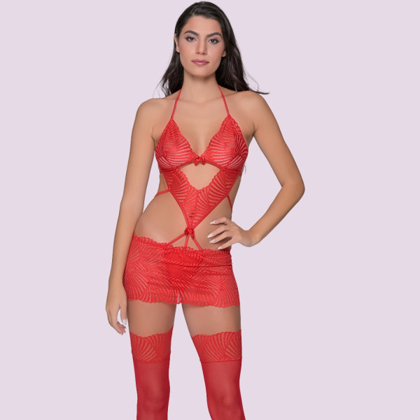 Milena by Paris Γυναικείο Sexy νυχτικό δαντέλα & ενσωματομένο string Κόκκινο 003435 Red