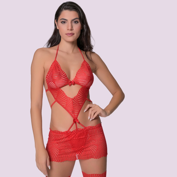 Milena by Paris Γυναικείο Sexy νυχτικό δαντέλα & ενσωματομένο string Κόκκινο 003435 Red