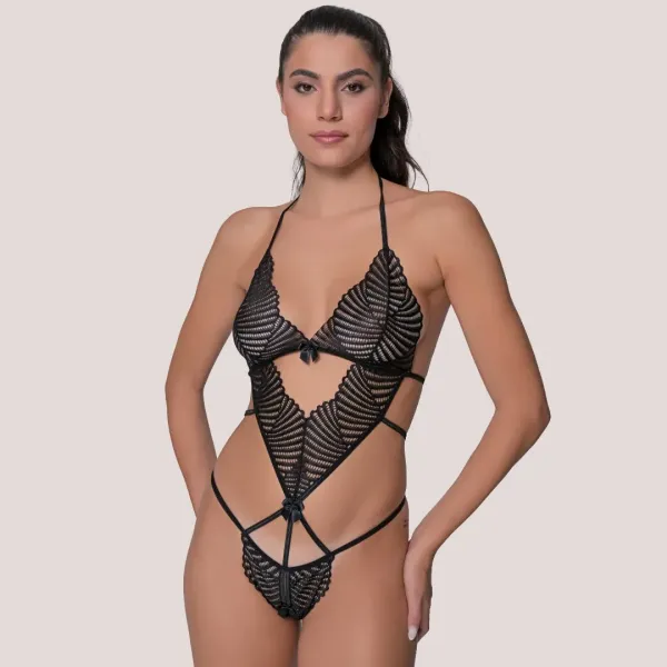 Milena by Paris Γυναικείο Sexy Κορμάκι μαύρο Black Ανοιχτό Κάτω με Δαντέλα 002492