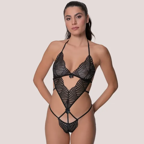 Milena by Paris Γυναικείο Sexy Κορμάκι μαύρο Black Ανοιχτό Κάτω με Δαντέλα 002492