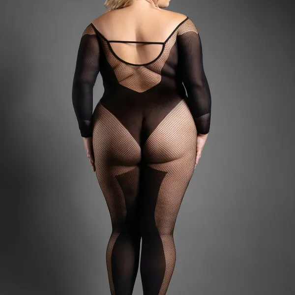 Γυναικείο μαύρο plus size sexy Body καλσόν ολόσωμο δίχτυ με μακρυά μανίκια & ανοιχτό κάτω bodystocking with open crotch SF1000 BLACK