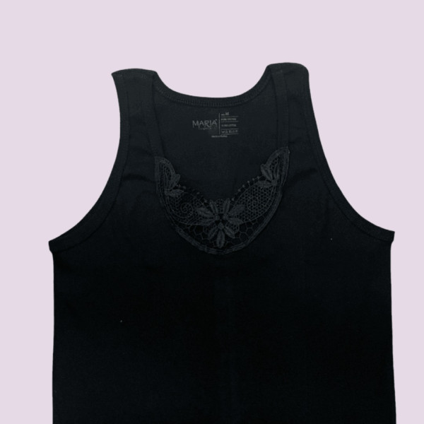 Maria Angel Lingerie Γυναικείο βαμβακερό φανελάκι με φαρδιά τιράντα & δαντέλα 100% cotton 1009 Μαύρο Black