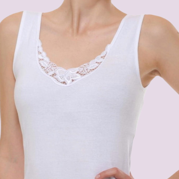 Maria Angel Lingerie Γυναικείο βαμβακερό φανελάκι με φαρδιά τιράντα & δαντέλα 100% cotton 1009 Μπεζ Beige