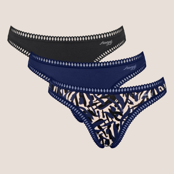 Sloggi Γυναικεία Βαμβακερά εσώρουχα string 3τεμ Οικονομική Συσκευασία Μαύρο- Μπλέ  Go Crush 10219686 M008