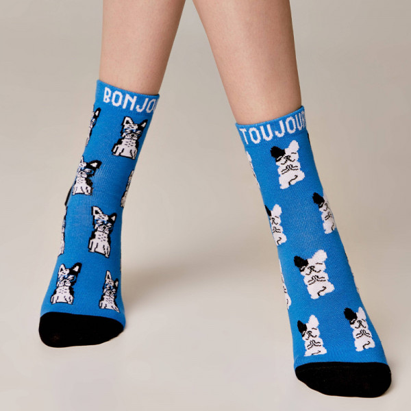 Conte Happy Socks Γυναικείες Βαμβακερές Κάλτσες με σχέδια Frenchie Bonjour Μπλε 18C-227C
