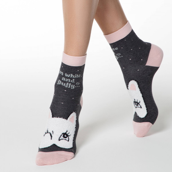 Conte Happy Γυναικείες Βαμβακερές Κάλτσες Socks Fluffy με φανταστικό σχέδιο Γατούλα Ροζ Γκρί 18C-268C