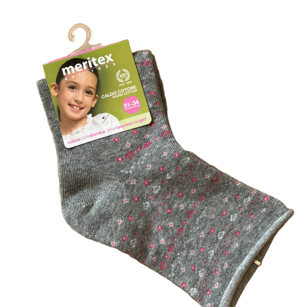 Meritex Παιδική Βαμβακερή Κάλτσα για Κορίτσια Γκρί με αστεράκια και καρδούλες Ροζ 4525 Grey