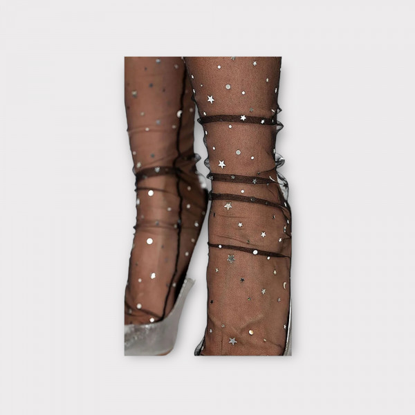Κάλτσες Τούλινες Διαφανές με Γυαλιστερά Χρυσά Αστέρια Μαύρο NS001