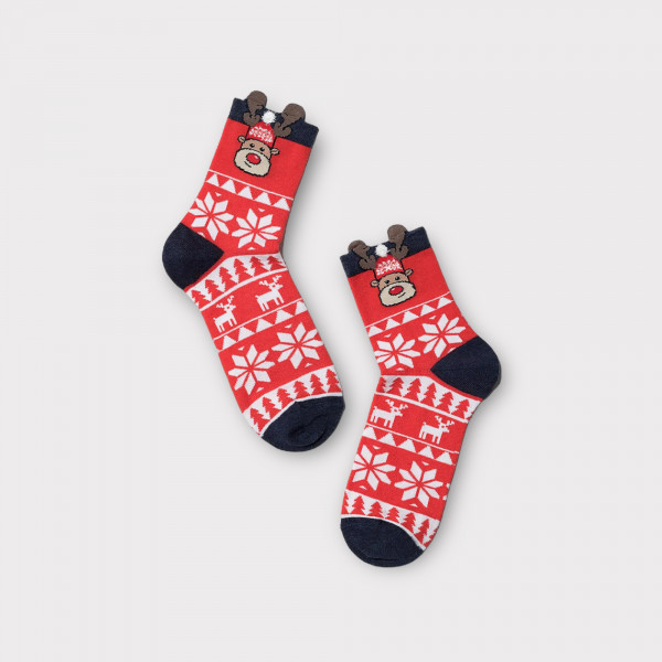 Conte Γυναικείες - Παιδικές New Year Χριστουγεννιάτικες Κάλτσες Τάρανδος με Αυτάκια Κόκκινο 19C-86C