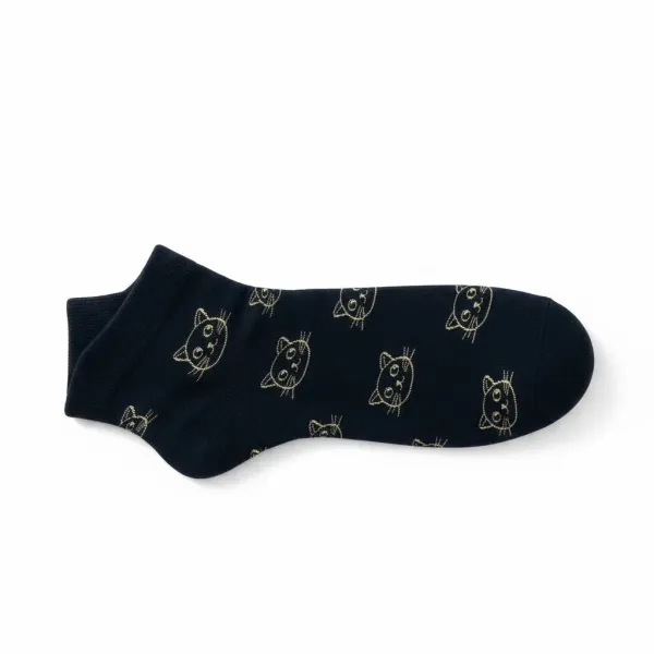 Oemen  Γυναικείες Βαμβακερές fashion κάλτσες μέχρι τον αστράγαλο No35-41 μαύρες με σχέδιο χρυσές γατούλες MY9002 BLACK