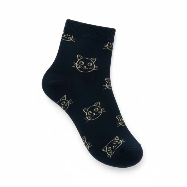 Oemen  Γυναικείες Βαμβακερές fashion κάλτσες μέχρι τον αστράγαλο No35-41 μαύρες με σχέδιο χρυσές γατούλες MY9002 BLACK